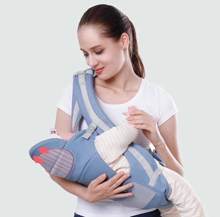 Baby waist stool carrier in blue with breathable mesh, adjustable waistband 71-110cm, cotton fabric