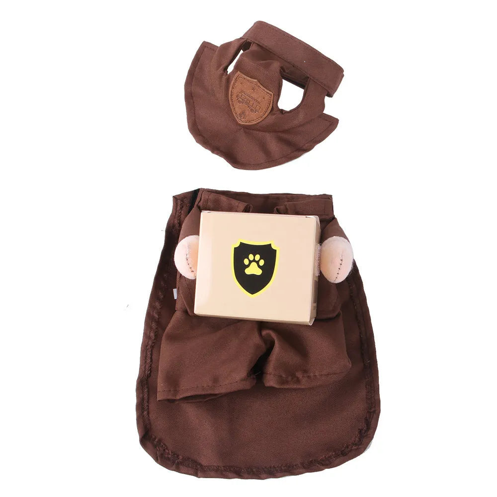Coffee coloured pet clothing with standing collar design on dog model