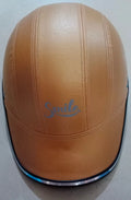 Adult half-face motorcycle helmet in black yellow with ABS plastic shell and PU leather, front logo view