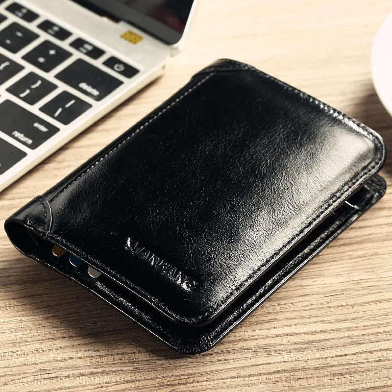 Men's black leather wallet open to show internal card slots, coin pocket, and banknote compartment.