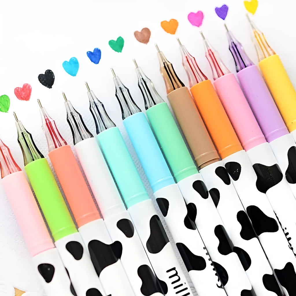 Set of 12 cow colour gel pens with 0.38mm tips in a box.
