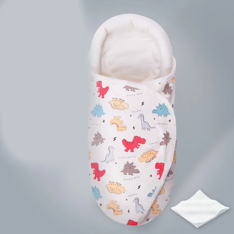 Pure cotton anti-startle baby swaddle in a 30x60 cm size showing one of eight print designs like Dinosaur or Starry Sky.