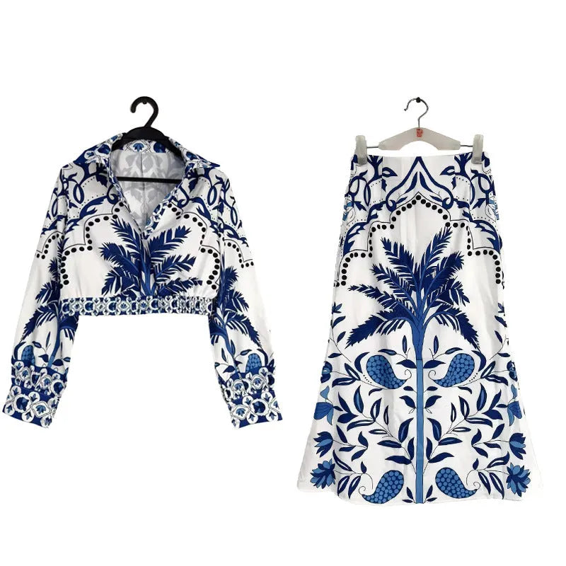 Women's long sleeve top and skirt early spring casual set in polyester fabric