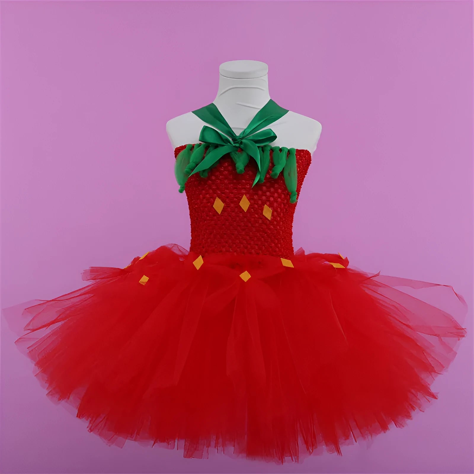 Red children's princess dress with lace and mesh detailing in South Korean silk for birthday parties