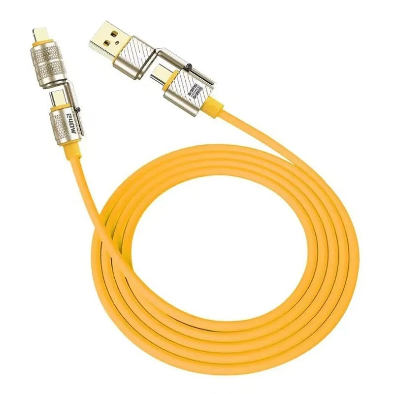 120W four-in-one data cable with zinc alloy connectors, TPE jacket, and multi-function switching interface in yellow