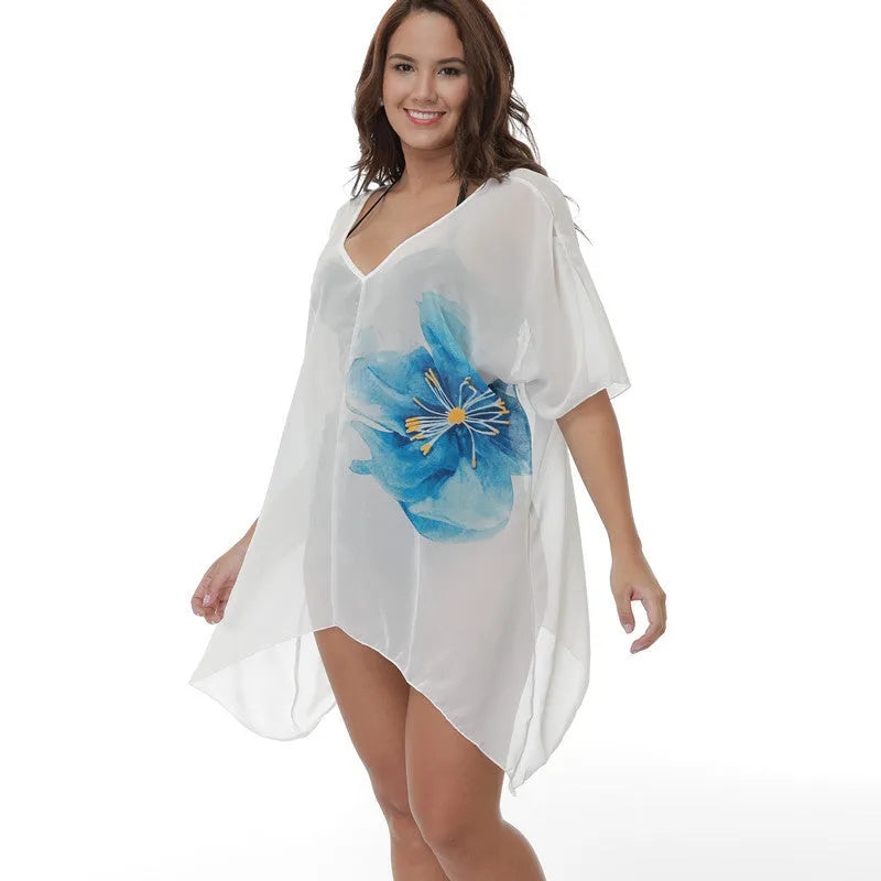 White plus size beach cover-up blouse loose fit for women swimming sun protection