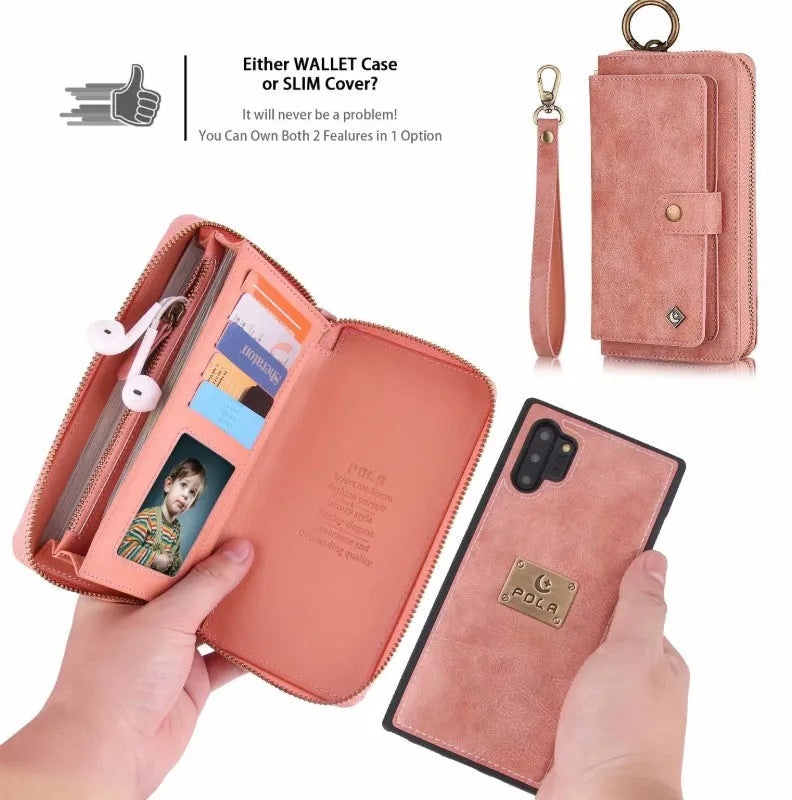 PU leather mobile phone wallet case with zip closure in black, brown, red, and pink colours