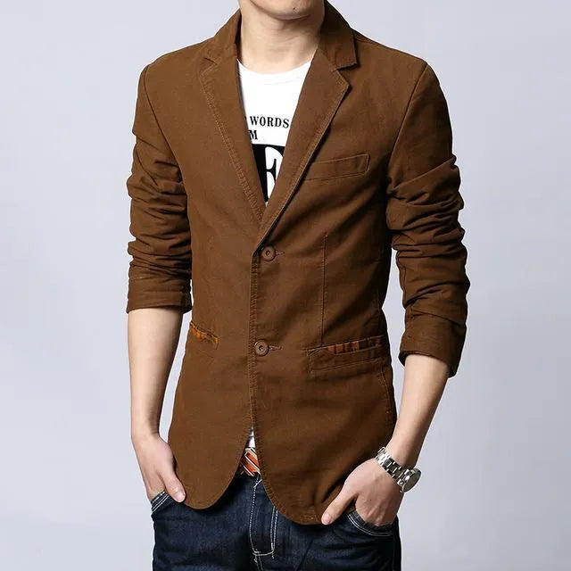 Men's slim fit casual blazer in black, brown, or khaki, sizes M to 3XL, single-breasted suit jacket