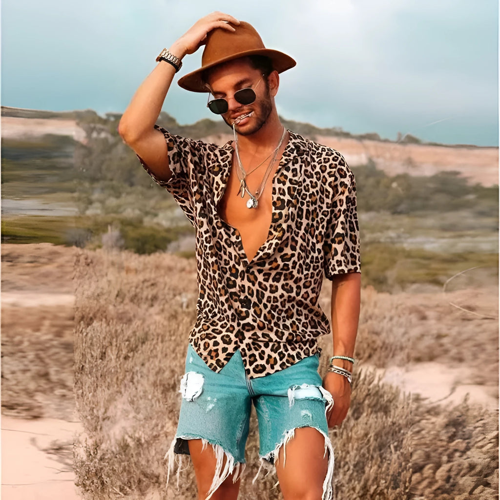 Men's leopard print shirt, 50% polypropylene, iron-free summer top, sizes S to 3XL