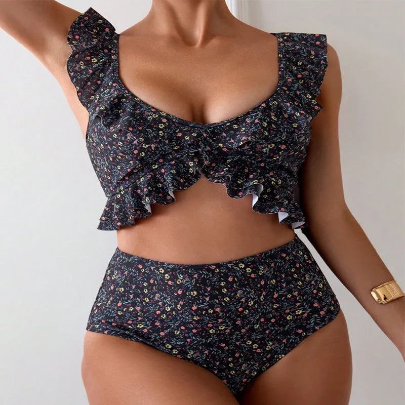 Women's floral flounce split backless swimsuit set in polyester on black background