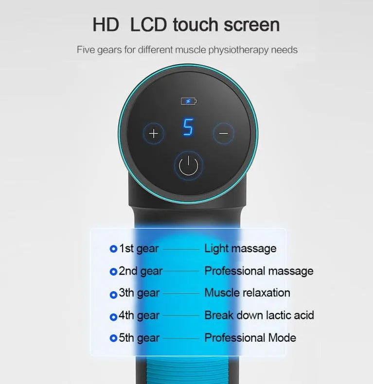 USB muscle massager in blue with space aluminium body, five speed control, and compact 225x185x60mm size