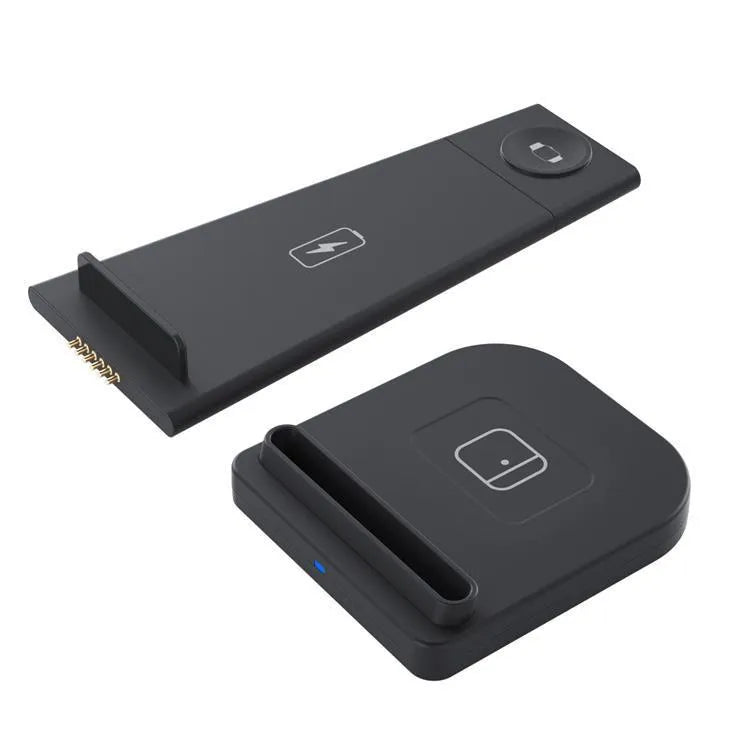 Black foldable three-in-one wireless charger for mobile phone, watch, and headphones with USB cable
