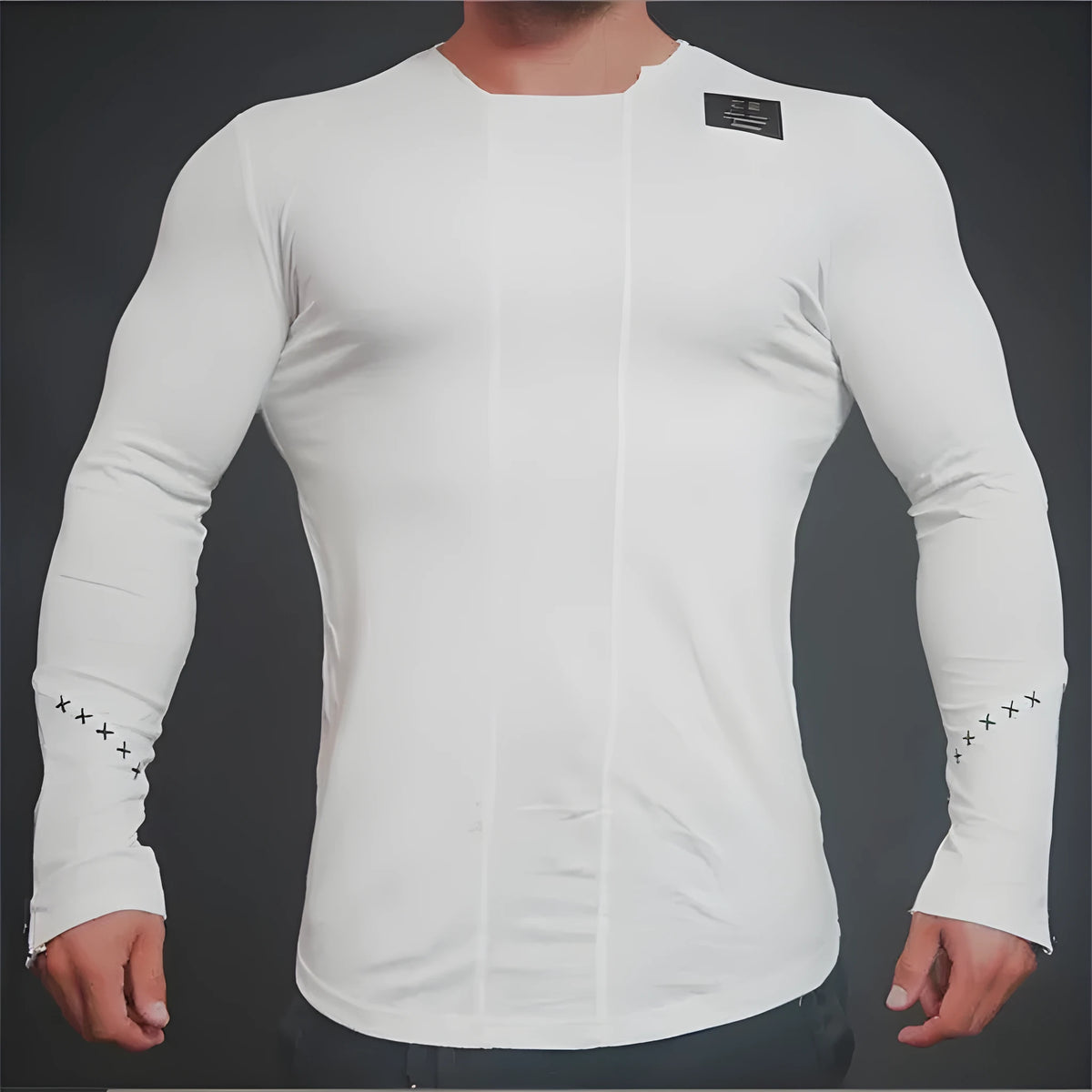 Men bodybuilding long sleeve compression t-shirt in black, front view, sizes L M XL XXL