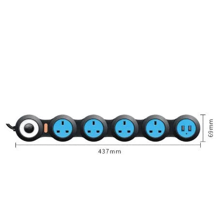 White UK power strip with five sockets, two USB ports, and a long black power cord.
