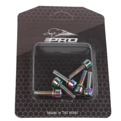 Six stainless steel mountain bike handlebar screws in seven colour options on packaging card
