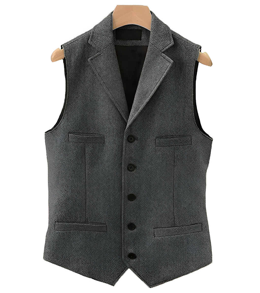 Men's herringbone vest in multiple colours with slanted hem, synthetic fibre blend, sizes XS-XXXL