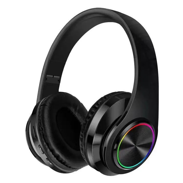 Black wireless over-ear Bluetooth gaming headset with LED breathing lights on the earcups.