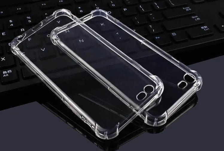 Transparent shockproof TPU mobile phone case for iPhone models on a plain background