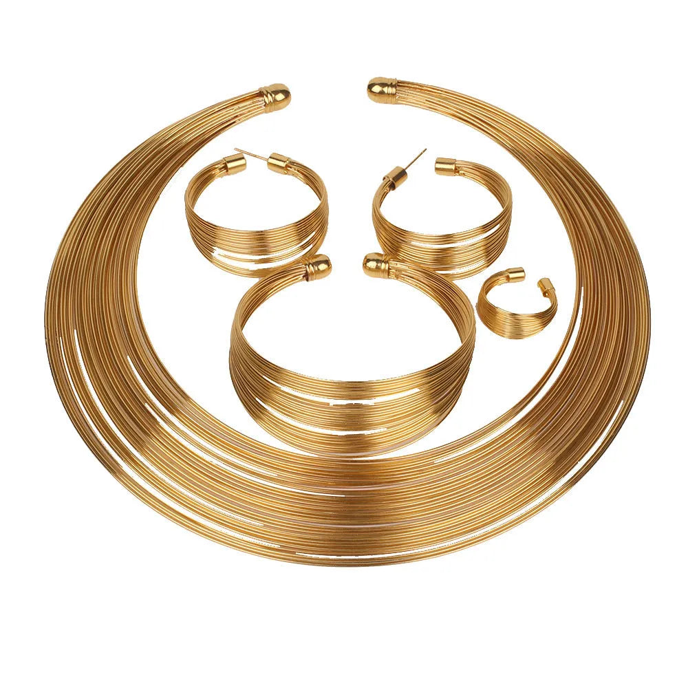 Women's jewellery set with alloy multi-layer bracelet, ring, and earrings in exotic style electroplated finish