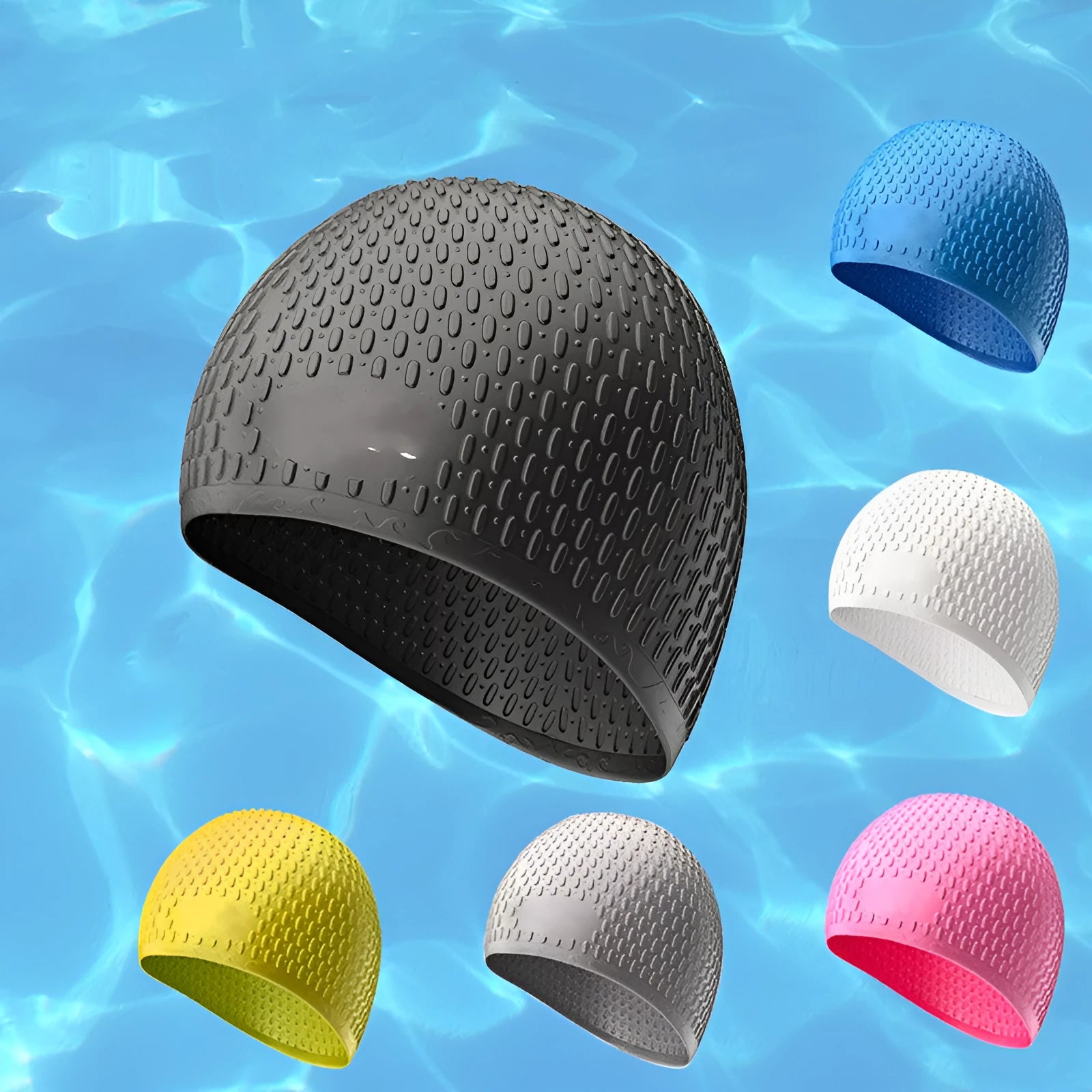 Silicone water drop swimming cap for adults in various solid colours