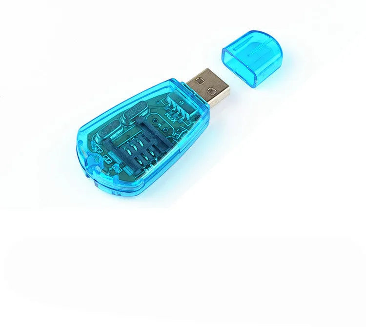 Blue external USB SIM card reader for mobile phone contact and SMS backup on computer.