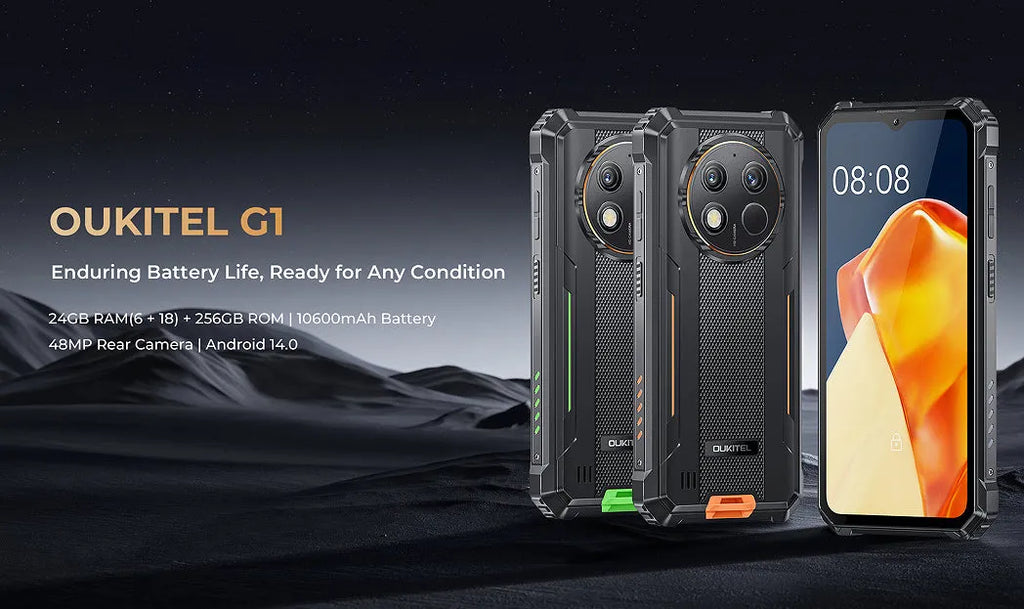 OUKITEL G1 mobile phone showing grey green orange colour options with plastic construction