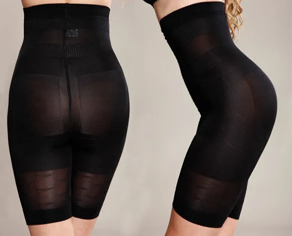 Black high-waisted seamless shapewear shorts for women on a hanger.