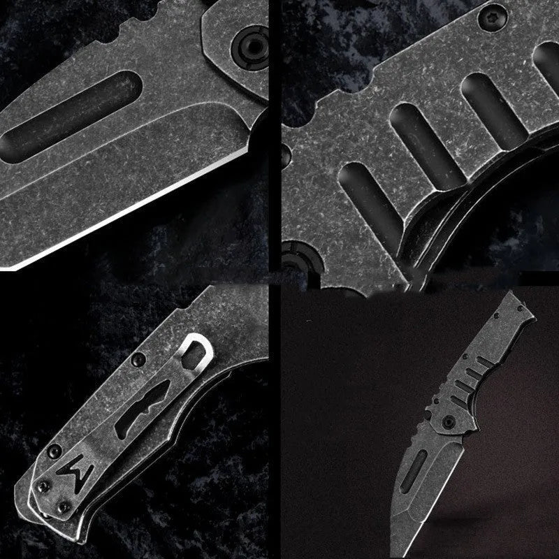 907 style outdoor folding knife with D2 steel blade, 9 cm blade, black handle, closed position on grey background