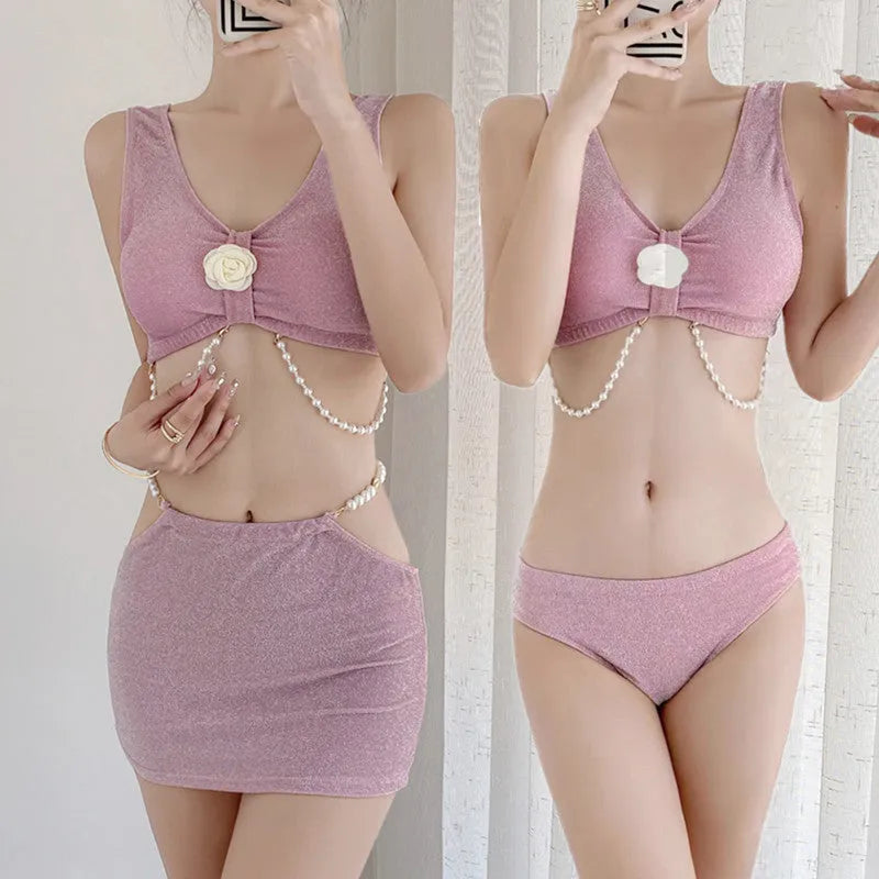 Women's black three-piece bikini swimsuit with high elasticity polyester fabric for swimming
