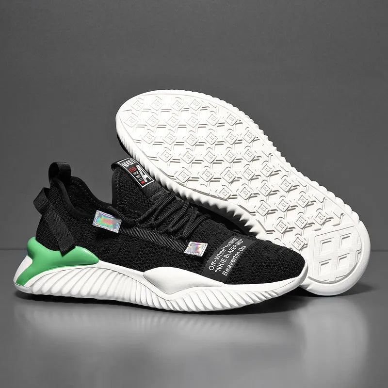 Men's breathable mesh trainers with flying woven upper and rubber plastic sole, white or black, sizes 38-44 EU
