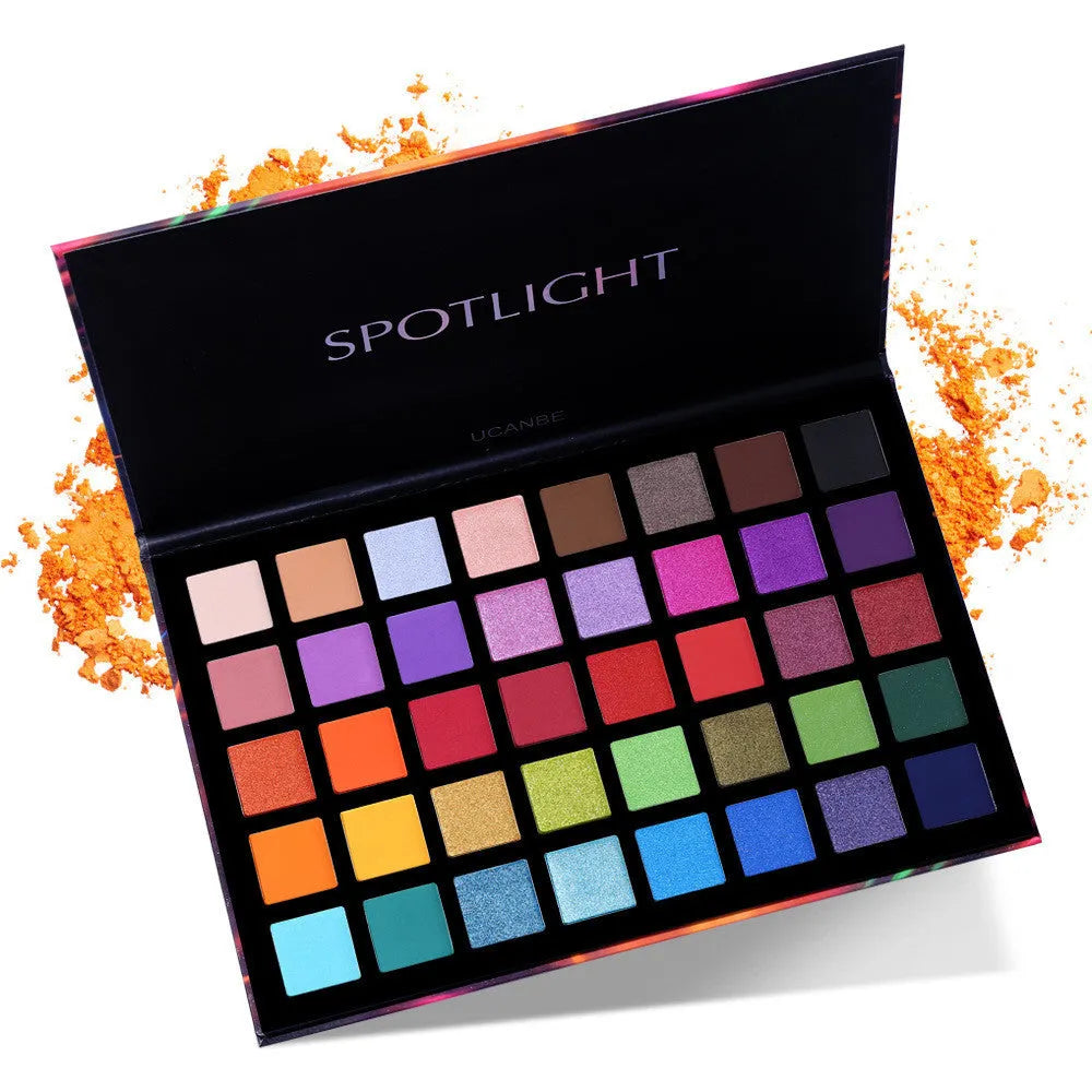 40 colour eye shadow palette with shimmer and matte shades in a paper box