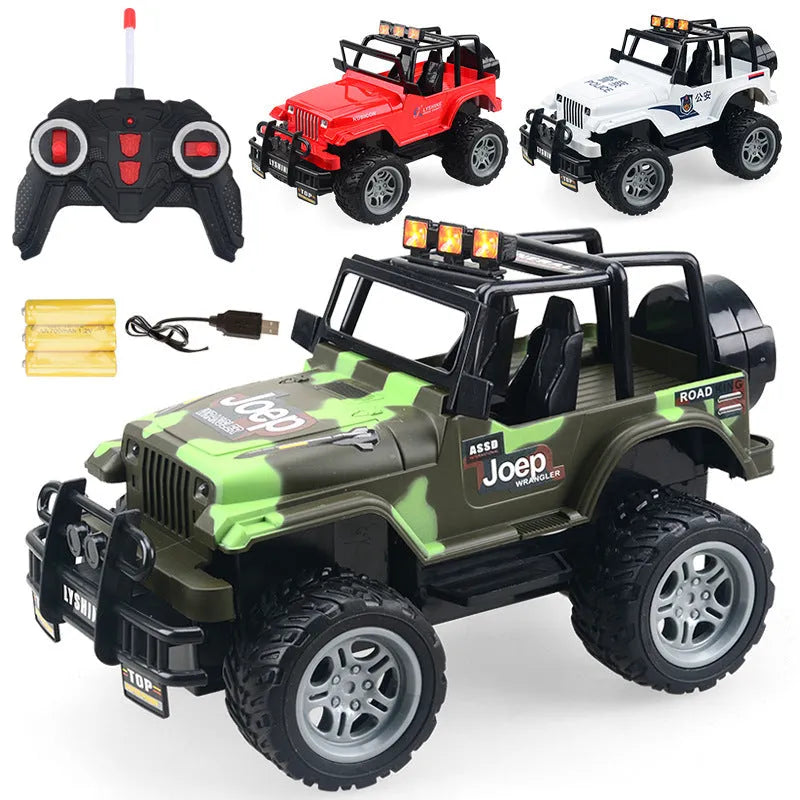 Children's four-way remote control car in green SUV style with flashing lights on a white background