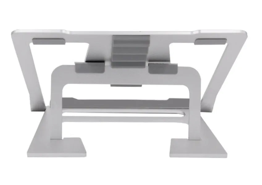 Foldable silver aluminium laptop stand with silicone grips on a desk, showing adjustable angle