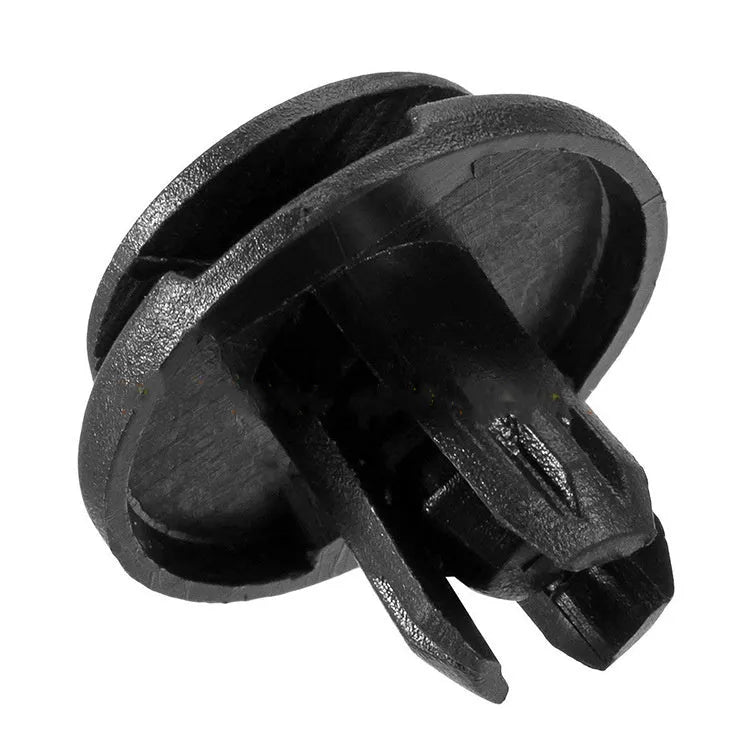 Fifty black plastic automotive rivet fasteners with 8mm hole size and paper clip closure mechanism