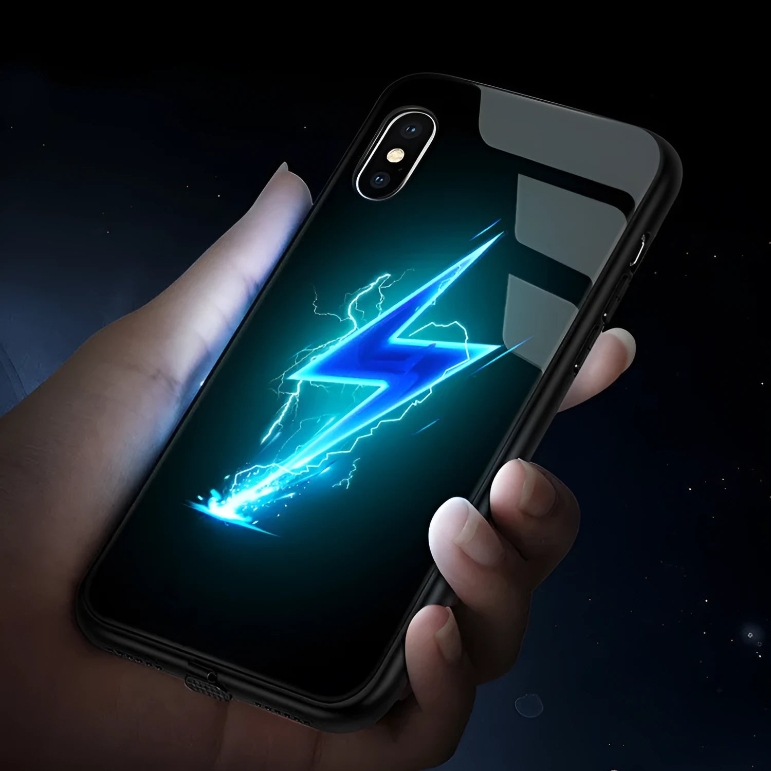 Voice-activated iPhone case with tempered glass back and colourful LED flash, showing cool lightning graphic design.