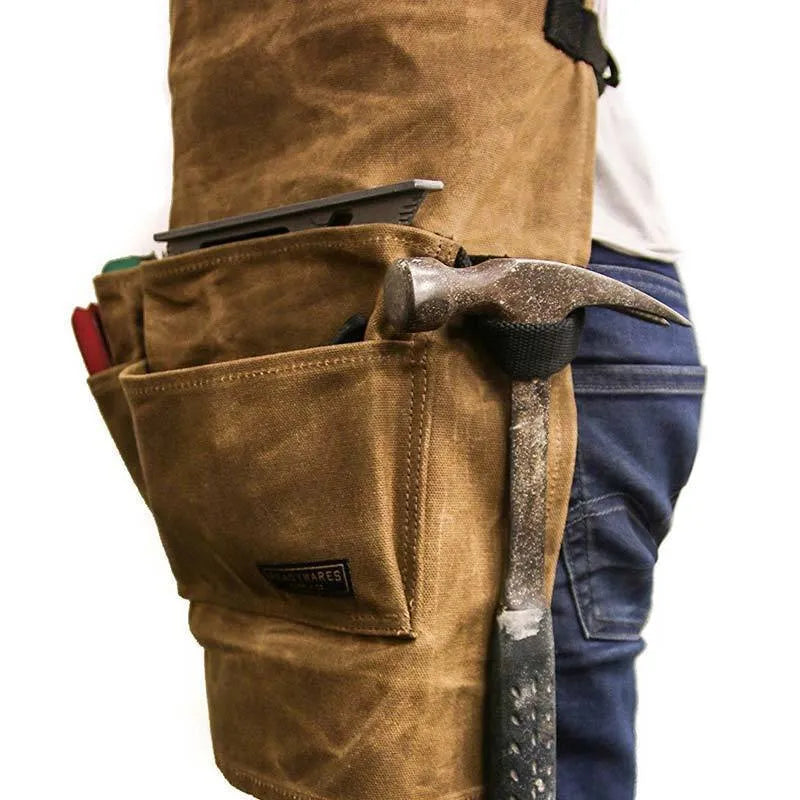 Yellow waxed canvas minimal apron with leather webbing adjustable for men and women