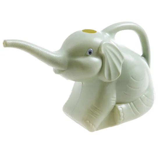 Pink plastic elephant-shaped watering can with a long nozzle and a child-sized handle.