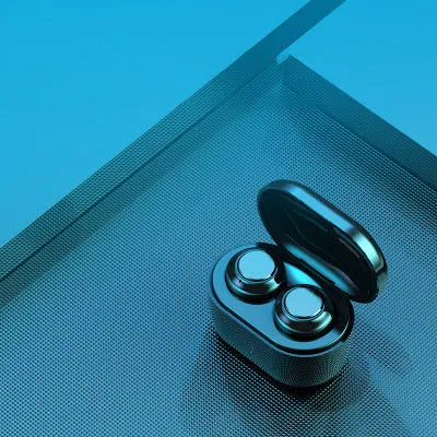 Black wireless stereo Bluetooth headset with earplug design shown with NFC symbol.