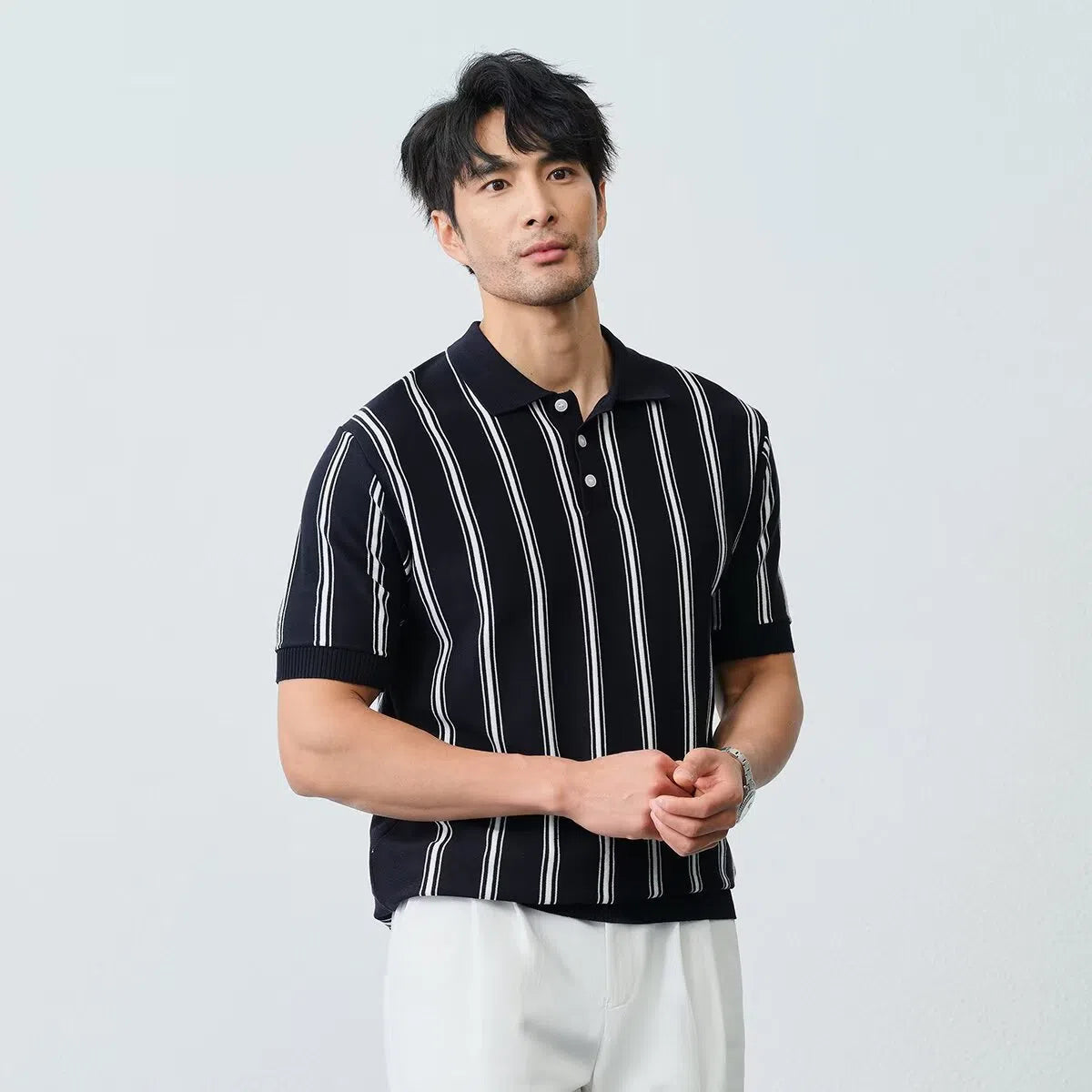 Men's striped short-sleeve knitted shirt with lapel collar in white, polyester blend, size M to XXXL
