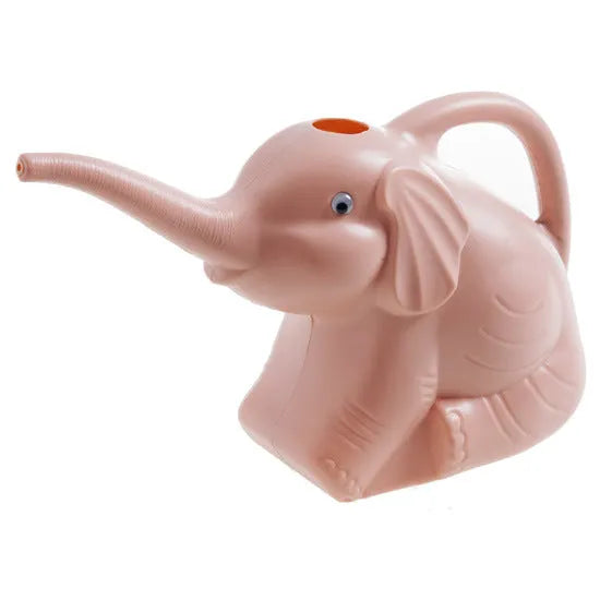 Pink plastic elephant-shaped watering can with a long nozzle and a child-sized handle.