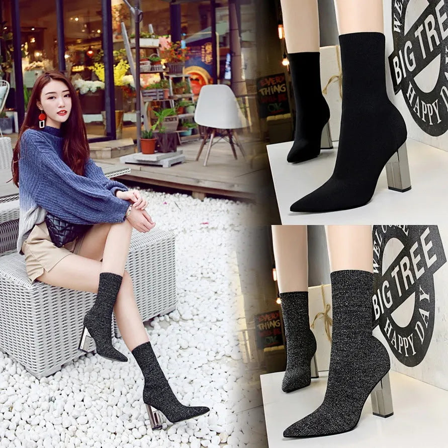 Short tube women's boots with wool upper, metal thick heel, pointed toe in black and silver