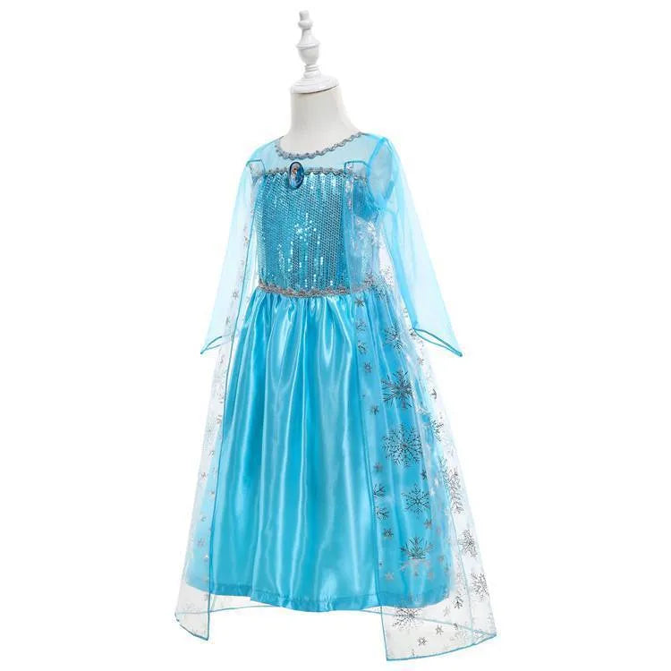 Blue Frozen Queen Elsa children's gown with flower and animal patterns, polyester lining, size for 100-150cm height