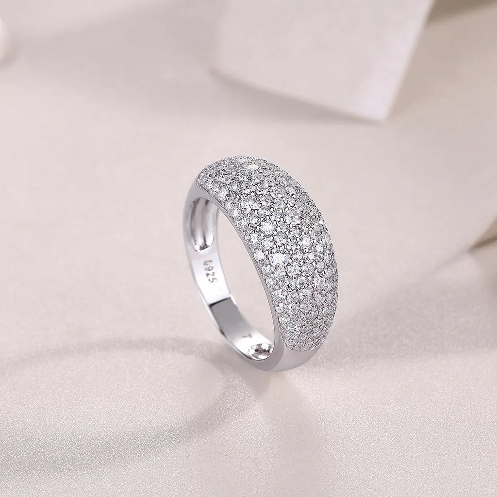 Moissanite wedding ring set in S925 silver with platinum plating, starry night design, on a white background