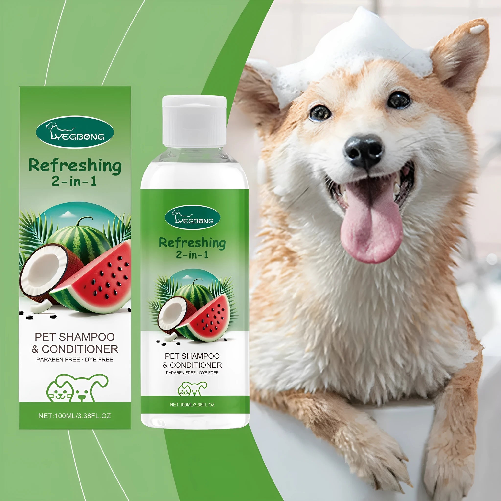 A 100ml bottle of pet 2-in-1 shampoo and conditioner gel with watermelon and coconut extract.