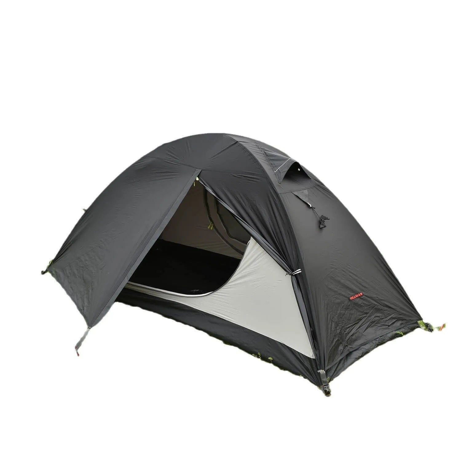 Black single person double account tent with aluminium poles pitched outdoors.