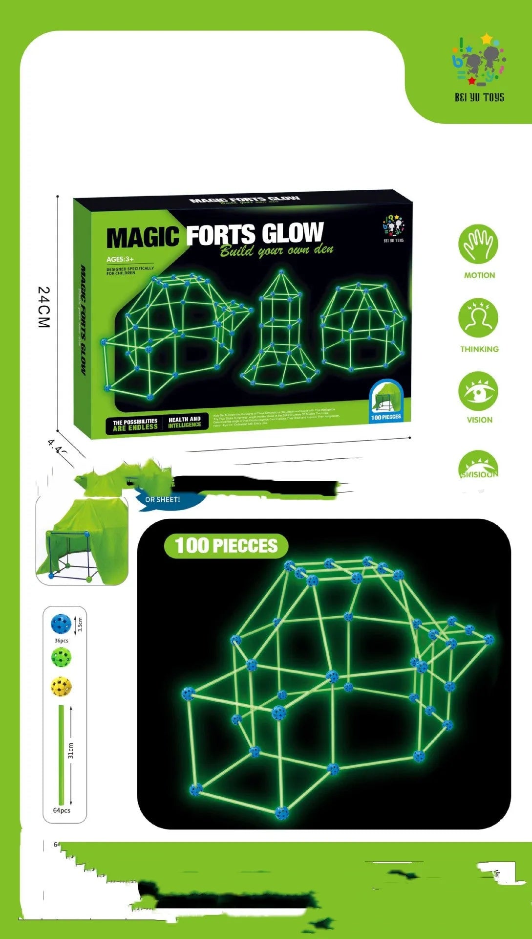 Children's fort building kit showing plastic rods, connector balls, and a constructed play tent frame.