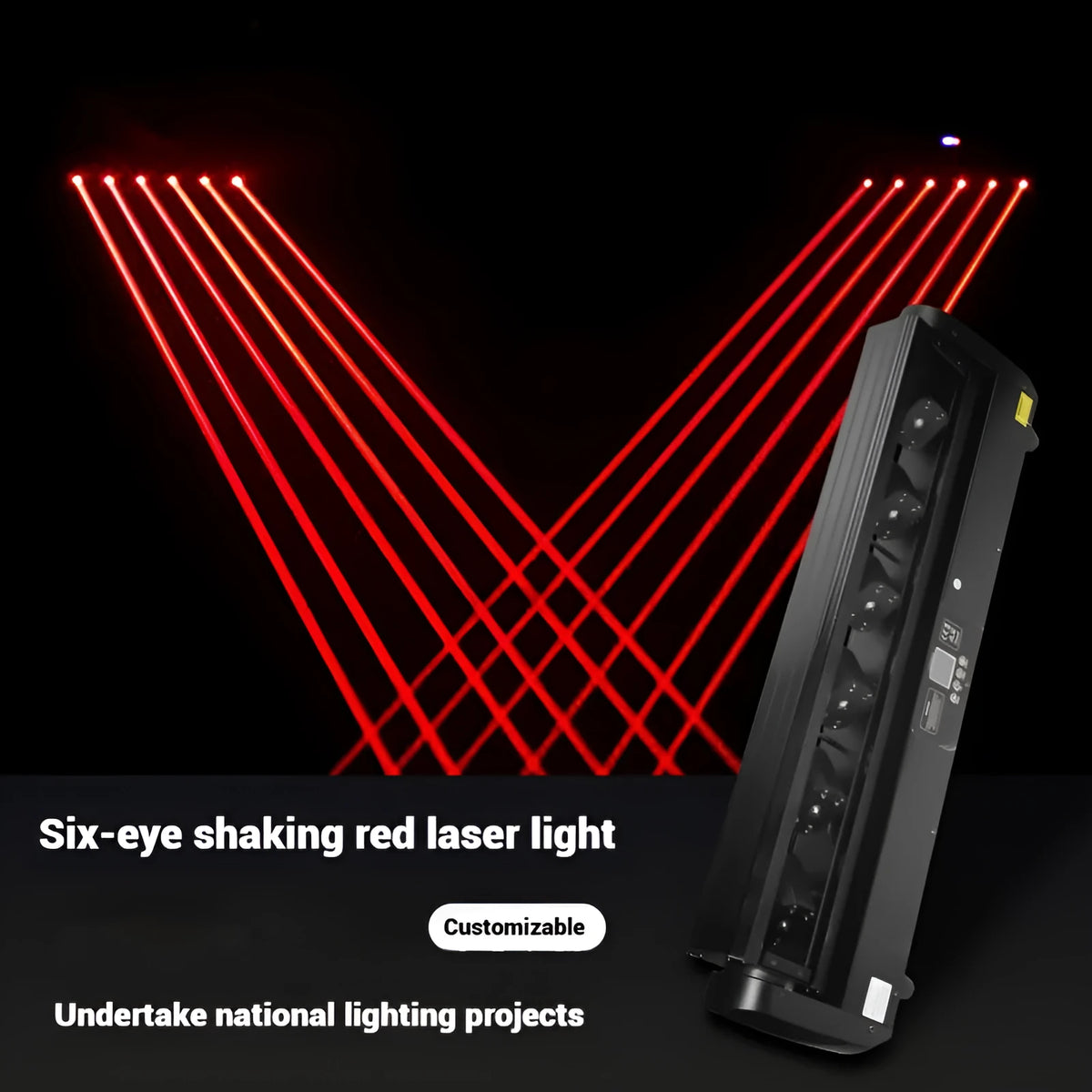 Six-eye double swing full colour laser lamp, 150W DMX512 indoor stage light, 84*9*25cm plastic body