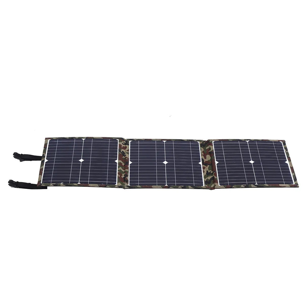 Black foldable 36W portable solar panel with car charger and USB accessories unfolded to 87cm width