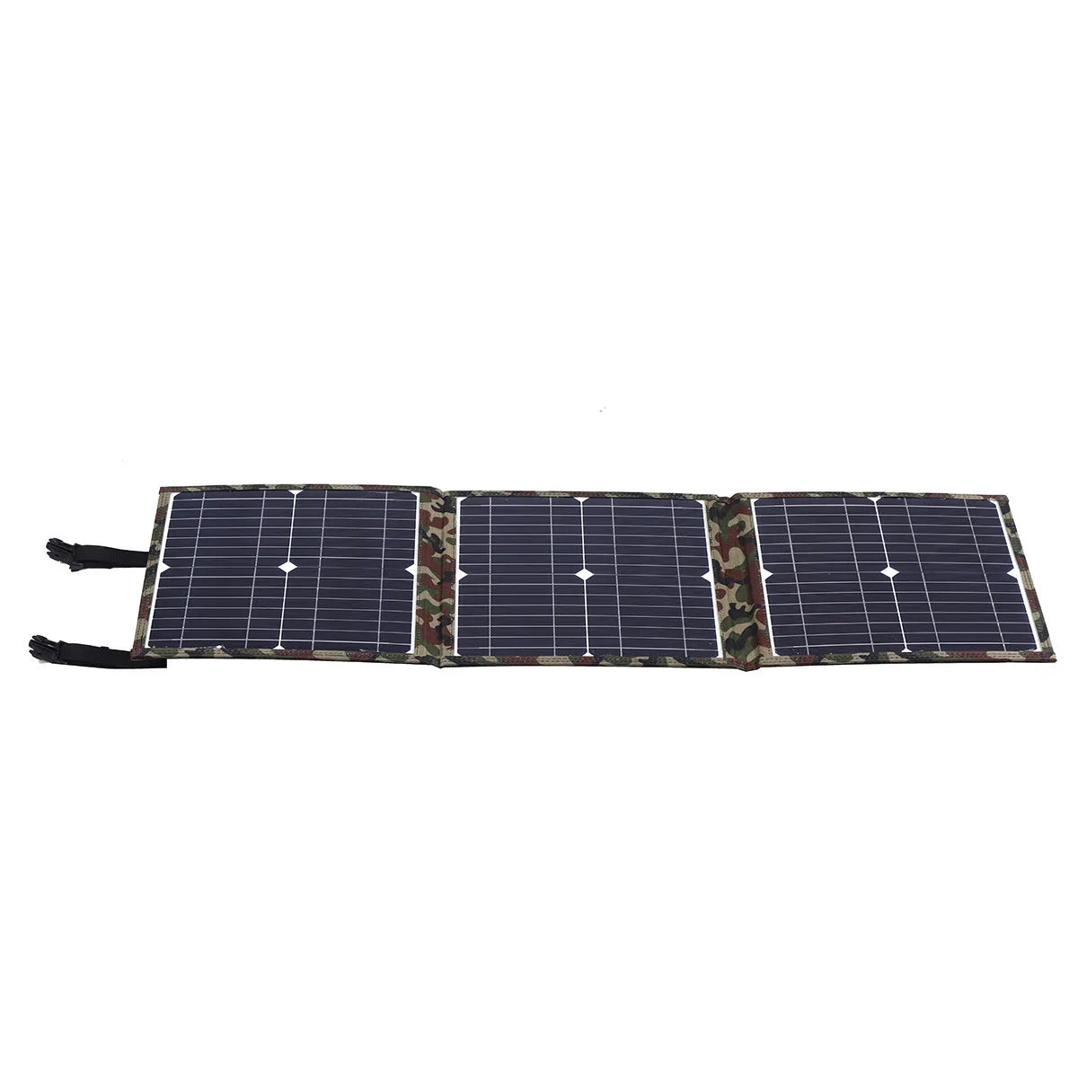 Black foldable 36W portable solar panel with car charger and USB accessories unfolded to 87cm width