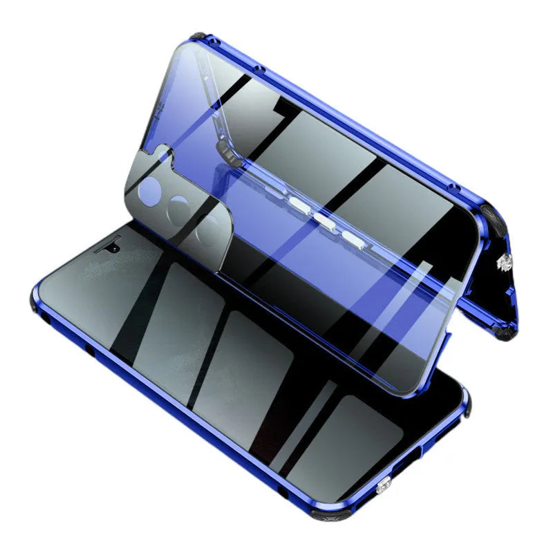 Samsung smartphone in a black clamshell magnetic case with anti-peeping screen, shown open and closed.